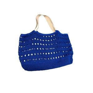 Crochet Tote Bag Blue Open Knit Beach Bag Handbag Shoulder Bag